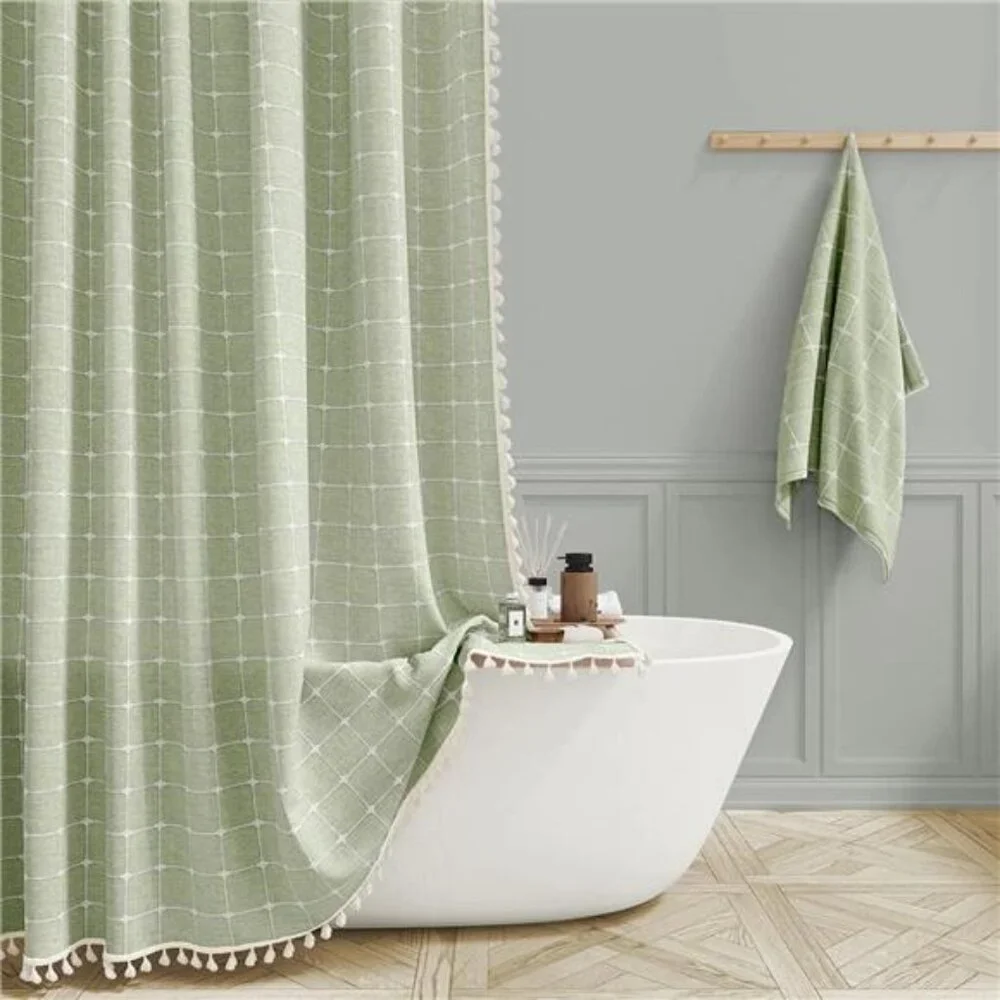 Boho Farmhouse Shower Curtain, Linen Rustic Heavy Duty Fabric Shower
